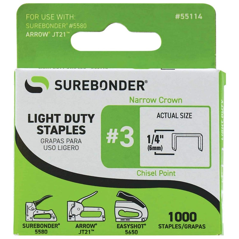 Surebonder 55114#3 Light Duty Narrow Crown Staples - 1/4" Length - 1000/box, 5 Pack - Image 2